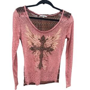 Miss Me Cross Front Top Small Rose Brown Beaded Boho Long Sleeve Net Back Boho